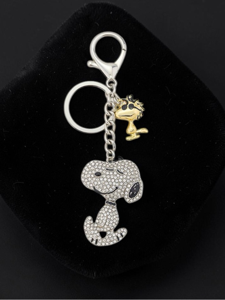 Peanuts Snoopy & Woodstock Fine Silver Plated & Rhinestone Keychain - Brand New